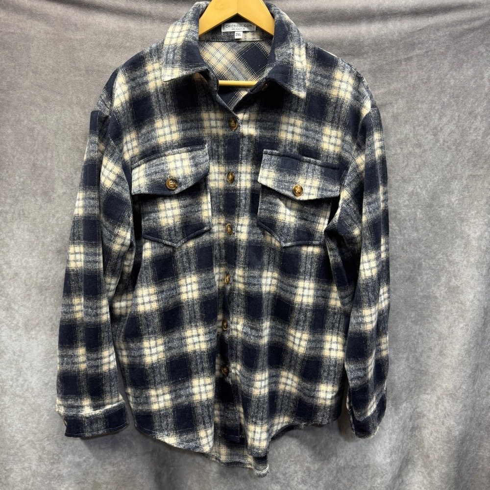 Chicsoul.com Navy Blue Plaid Shacket Plus Size 2XL Soft